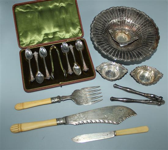 Silver comport, 5 silver dishes & plated wares